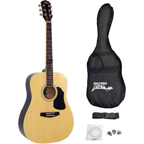  Pyle Dreadnought Acoustic Guitar Starter Pack - 41” 6 String Linden Wood High Gloss Polished w/ Pick Guard, Accessories, Case Bag, Steel Strings, Nylon Strap, Tuner, Picks, Great for Be