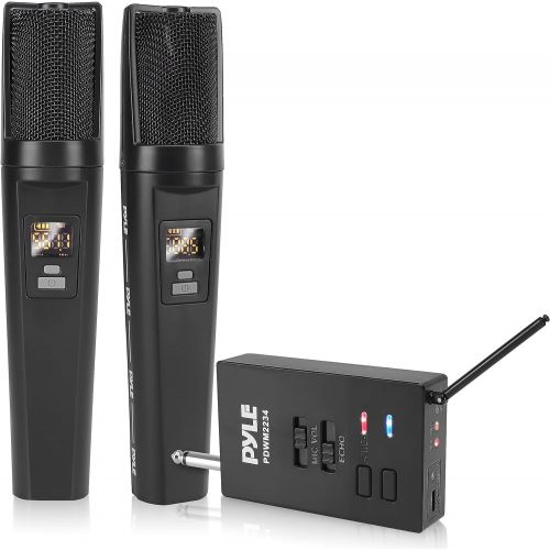  Portable Dual Wireless Microphone System Rechargeable Battery, Easy Carry Mic & Receiver Set - Included 2 Handheld Transmitter, 1 Receiver, ¼ Plug for PA Karaoke - Pyle PDWM2234 (B