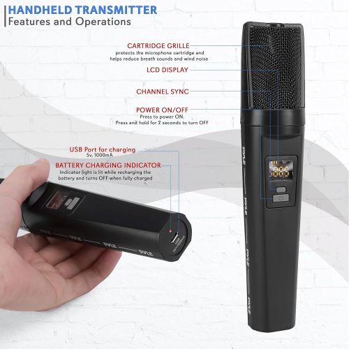  Portable Dual Wireless Microphone System Rechargeable Battery, Easy Carry Mic & Receiver Set - Included 2 Handheld Transmitter, 1 Receiver, ¼ Plug for PA Karaoke - Pyle PDWM2234 (B