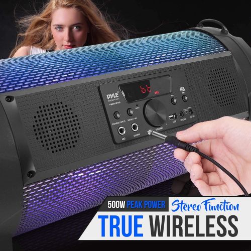  Pyle Wireless Portable Bluetooth Boombox Speaker - 500W 2.1Ch Rechargeable Boom Box Speaker Portable Barrel Loud Stereo System with Flashing LED, Digital LCD Display, AUX, USB, 1/4 Mic