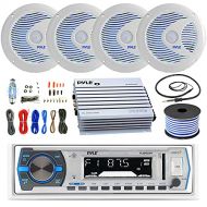 16-25 Bay Boat: Pyle Bluetooth Marine USB MP3 Stereo Receiver, 4 X Pyle 6.5 Waterproof White Speakers w/LED, Pyle 4 Channel Boat Amplifier, Amp Install Kit, 18 Gauge 50 FT Speaker