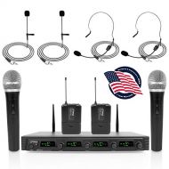 Pyle 4 Channel Wireless Microphone System - Portable UHF Audio Mic Set with 2 Handheld, 2 Headset, 2 Lavalier Mics, 2 Transmitter, 8 AA Battery, Power Adapter - For Karaoke, PA, DJ - Py
