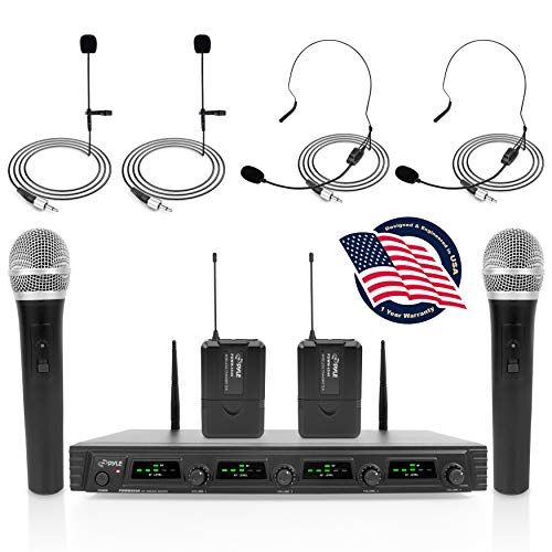  Pyle 4 Channel Wireless Microphone System - Portable UHF Audio Mic Set with 2 Handheld, 2 Headset, 2 Lavalier Mics, 2 Transmitter, 8 AA Battery, Power Adapter - For Karaoke, PA, DJ - Py