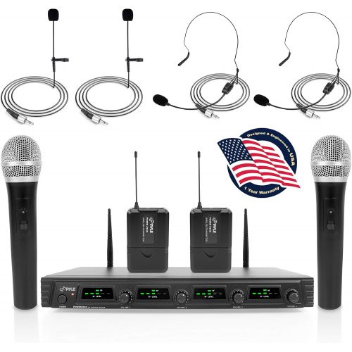  Pyle 4 Channel Wireless Microphone System - Portable UHF Audio Mic Set with 2 Handheld, 2 Headset, 2 Lavalier Mics, 2 Transmitter, 8 AA Battery, Power Adapter - For Karaoke, PA, DJ - Py