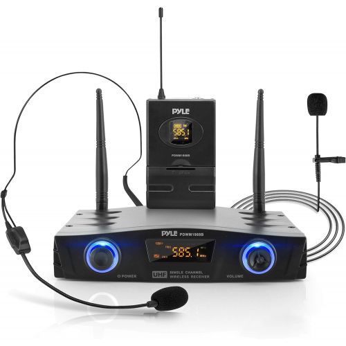  Pyle Compact UHF Wireless Microphone System - Pro Portable 1 Channel Desktop Digital Mic Receiver Set w/ Belt-Pack Transmitter, Receiver, Headset and Lavalier Mics, XLR, For Home, PA -