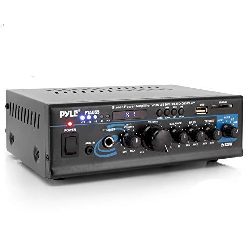  Pyle Home Audio Power Amplifier System - 2X120W Dual Channel Mixer Sound Stereo Receiver Box w/RCA, USB, AUX, Headphone, Mic Input, LED - for PA, Theater, Home Entertainment, Studio Use