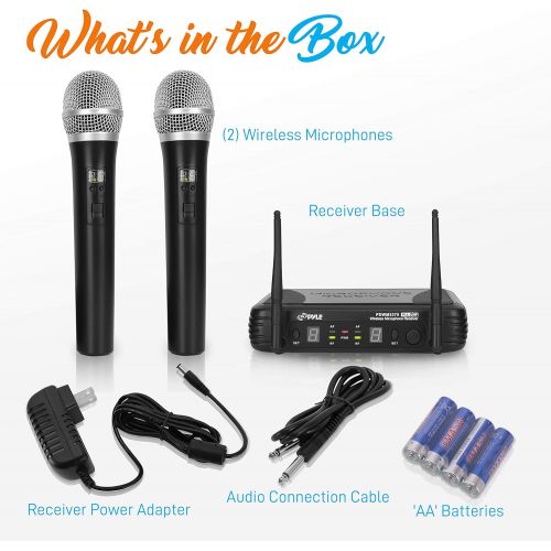  Pyle Professional Wireless Handheld Microphone System - Dual UHF Band, Wireless, Handheld, 2 MICS w/ 8 Selectable Frequency Channels, Independent Volume Controls, AF & RF Signal In