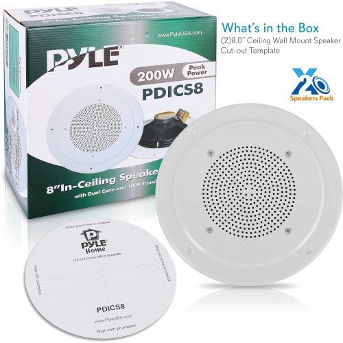  Pyle 8” Ceiling Wall Mount Speaker - Full Range Woofer Speaker System 100 Volt Transformer Flush Design w/ 60Hz-16kHz Frequency Response 200 Watts Peak & Template for Easy Installation