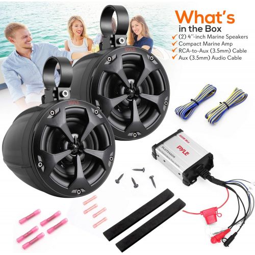  Waterproof Off-Road Speakers w/ ?Amplifier - 4 800W 2-Channel Marine Grade Waketower Speakers System Full Range Outdoor Audio Stereo Speaker for ATV, UTV, Quad, Jeep, Boat - Pyle P