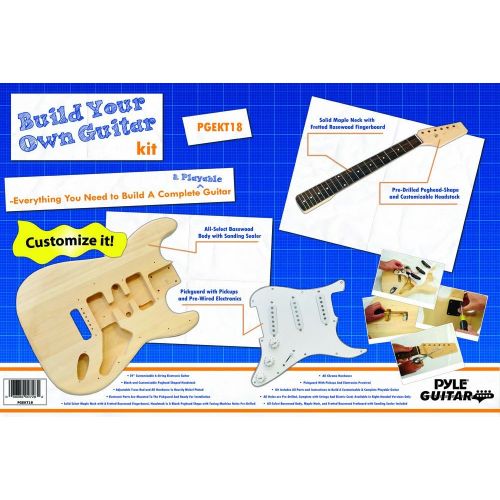  Unfinished Strat Electric Guitar Kit - You Build The Guitar, Basswood Body With Sanding Sealer, Includes All Parts And Instructions To Build A Complete Playable Guitar - Pyle PGEKT