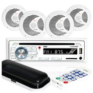 Pyle PLCDBT85MRW Single DIN Waterproof Marine Bluetooth Receiver Stereo System and CD Player with 2 Pairs 6.5 Inch Waterproof Speakers and Remote Control, White (2 Pack)