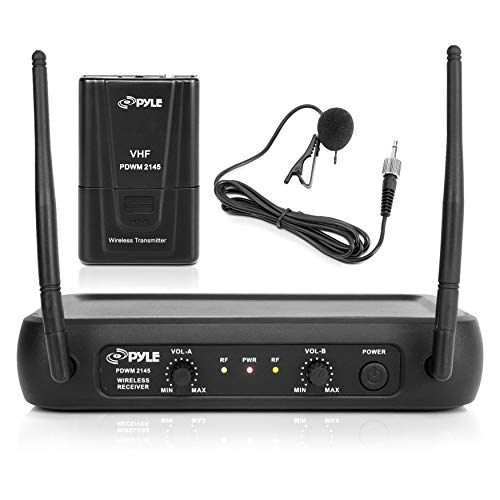  Pyle Dual Channel Wireless Microphone System - VHF Fixed Dual Frequency Wireless Mic Receiver Set with 2 Lavalier, 2 Headset Mics, 2 Transmitter, Receiver - for PA, Karaoke, DJ Party -