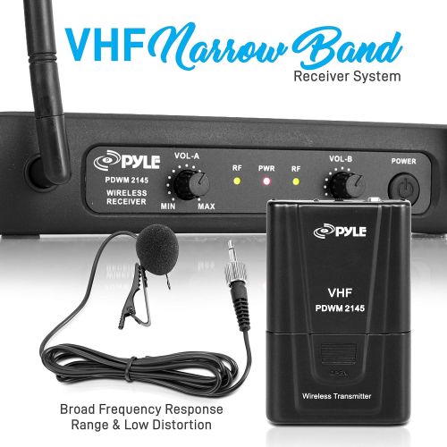  Pyle Dual Channel Wireless Microphone System - VHF Fixed Dual Frequency Wireless Mic Receiver Set with 2 Lavalier, 2 Headset Mics, 2 Transmitter, Receiver - for PA, Karaoke, DJ Party -