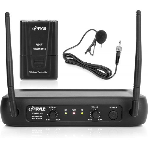  Pyle Dual Channel Wireless Microphone System - VHF Fixed Dual Frequency Wireless Mic Receiver Set with 2 Lavalier, 2 Headset Mics, 2 Transmitter, Receiver - for PA, Karaoke, DJ Party -