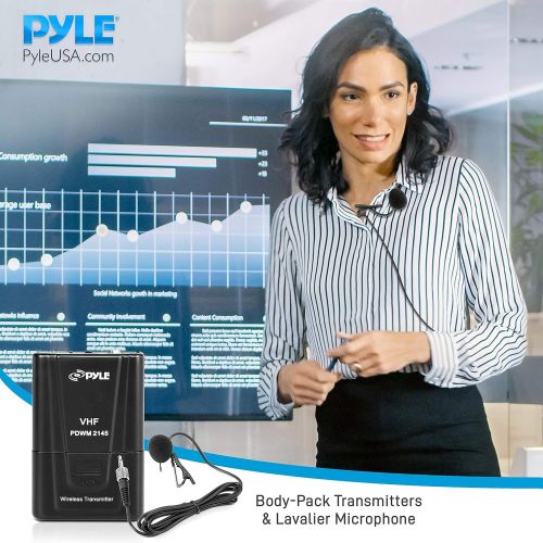  Pyle Dual Channel Wireless Microphone System - VHF Fixed Dual Frequency Wireless Mic Receiver Set with 2 Lavalier, 2 Headset Mics, 2 Transmitter, Receiver - for PA, Karaoke, DJ Party -