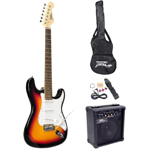  PylePro Full Size Electric Guitar Package w/Amp, Case & Accessories, Electric Guitar Bundle, Beginner Starter Package, Strap, Tuner, Pick, Ready to Use Out of the Box, Sunburst (PE