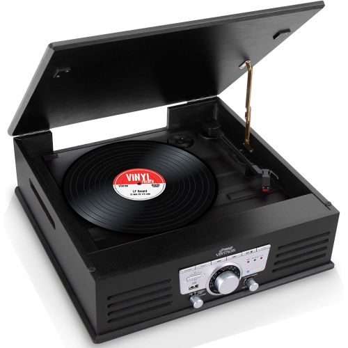  Updated Pyle Bluetooth Retro Turntable - Built-in Speakers, Wireless Record Player, Record Player Convert Vinyl to MP3, CD/Radio/USB/MP3, 3 Speed Turntable: 33, 45, 78 RPM - PTT25U