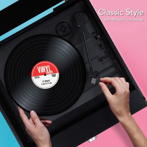  Updated Pyle Bluetooth Retro Turntable - Built-in Speakers, Wireless Record Player, Record Player Convert Vinyl to MP3, CD/Radio/USB/MP3, 3 Speed Turntable: 33, 45, 78 RPM - PTT25U