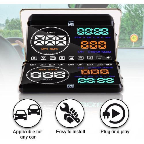  Pyle Universal 5.5’’ Car HUD Head-Up Display Windshield Screen Projector Vehicle Speed & Diagnostic Monitor System Plug & Play OBD2/EUOBD Water Temp, Voltage, Fuel Indications & Mo