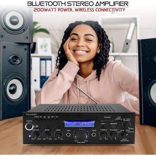  Pyle Wireless Bluetooth Power Amplifier-200 Watt Audio Stereo Receiver w/USB Port, AUX in, FM Radio, 2 Karaoke Microphone Input, Remote-Home Entertainment System, Black, 10.5 x 8.8