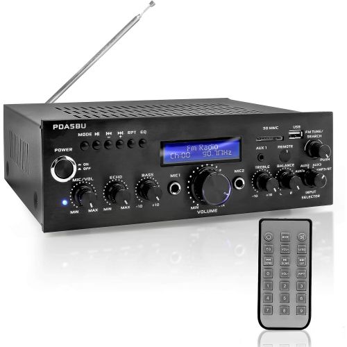  Pyle Wireless Bluetooth Power Amplifier-200 Watt Audio Stereo Receiver w/USB Port, AUX in, FM Radio, 2 Karaoke Microphone Input, Remote-Home Entertainment System, Black, 10.5 x 8.8