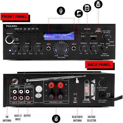  Pyle Wireless Bluetooth Power Amplifier-200 Watt Audio Stereo Receiver w/USB Port, AUX in, FM Radio, 2 Karaoke Microphone Input, Remote-Home Entertainment System, Black, 10.5 x 8.8