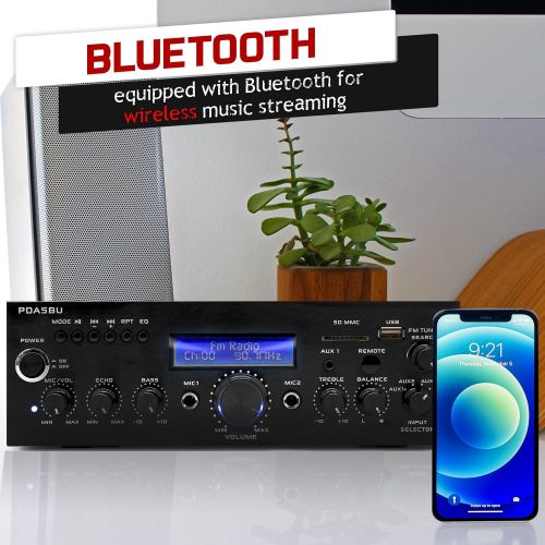  Pyle Wireless Bluetooth Power Amplifier-200 Watt Audio Stereo Receiver w/USB Port, AUX in, FM Radio, 2 Karaoke Microphone Input, Remote-Home Entertainment System, Black, 10.5 x 8.8