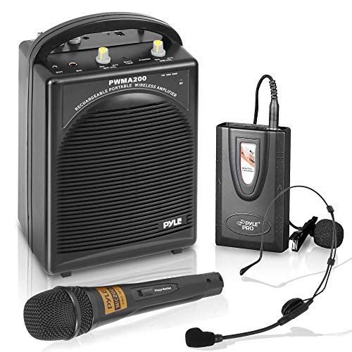  Pyle Portable PA Speaker & Microphone System - FM Stereo Radio, Built-in Rechargeable Battery, Aux & Microphone Inputs, Includes Beltpack, Handled Headset & Lavalier Mics - PWMA200