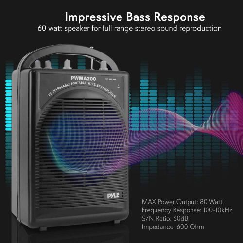  Pyle Portable PA Speaker & Microphone System - FM Stereo Radio, Built-in Rechargeable Battery, Aux & Microphone Inputs, Includes Beltpack, Handled Headset & Lavalier Mics - PWMA200