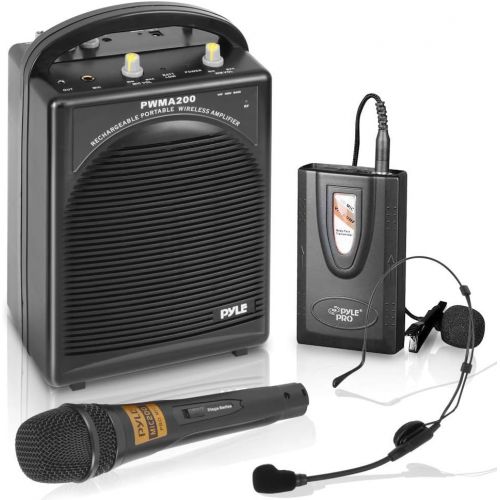  Pyle Portable PA Speaker & Microphone System - FM Stereo Radio, Built-in Rechargeable Battery, Aux & Microphone Inputs, Includes Beltpack, Handled Headset & Lavalier Mics - PWMA200