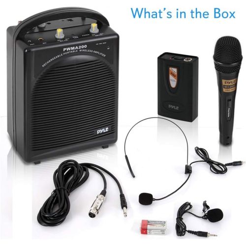  Pyle Portable PA Speaker & Microphone System - FM Stereo Radio, Built-in Rechargeable Battery, Aux & Microphone Inputs, Includes Beltpack, Handled Headset & Lavalier Mics - PWMA200