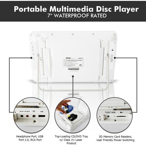  Pyle Portable Waterproof Multimedia Disc Player - 7in Screen White Digital Music Audio Video Player w/ Dual Stereo Speakers, CD DVD Tray, RCA, USB, Rechargeable Battery, Headphones, Rem