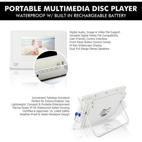  Pyle Portable Waterproof Multimedia Disc Player - 7in Screen White Digital Music Audio Video Player w/ Dual Stereo Speakers, CD DVD Tray, RCA, USB, Rechargeable Battery, Headphones, Rem
