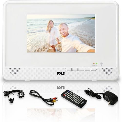  Pyle Portable Waterproof Multimedia Disc Player - 7in Screen White Digital Music Audio Video Player w/ Dual Stereo Speakers, CD DVD Tray, RCA, USB, Rechargeable Battery, Headphones, Rem