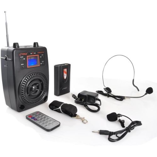  Pyle Portable PA System, Wireless Microphone Kit, Compact Stereo System, FM Radio, LCD Display, USB, Rechargeable Battery, Includes Lavalier Microphone Headset, Outdoor Surround So