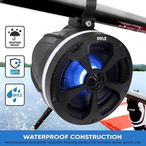  Pyle 2-Way Waterproof Off Road Speakers - 5.25 1000W Active Passive Marine Grade Wakeboard Tower Speakers System w/RGB Light, Full Range Outdoor Stereo Speaker for ATV/UTV Jeep Boat - P