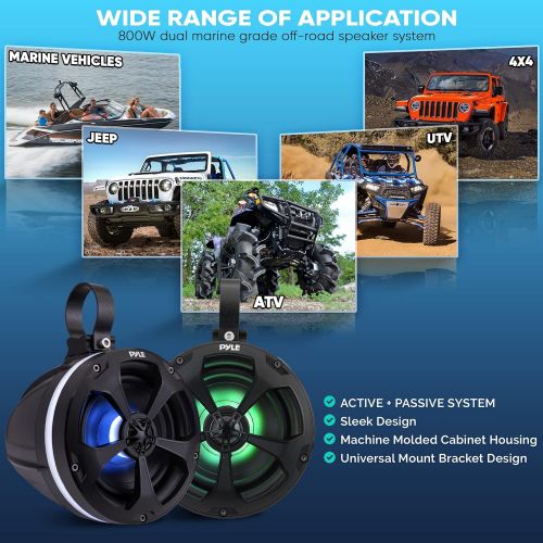  Pyle 2-Way Waterproof Off Road Speakers - 5.25 1000W Active Passive Marine Grade Wakeboard Tower Speakers System w/RGB Light, Full Range Outdoor Stereo Speaker for ATV/UTV Jeep Boat - P