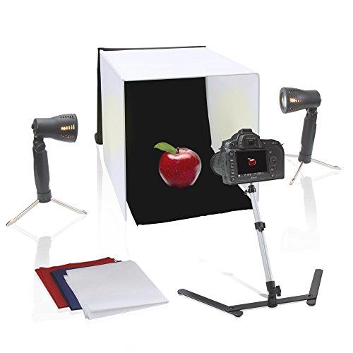  Pyle 24 x 24 inch Portable Tabletop Photography Studio Photo Lighting Kit - Set Includes Light Box / Tent, 2 Lamp Lights, Camera Stand & White, Black, Blue, Red Background Cloth Sh