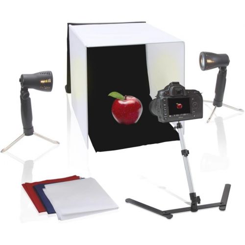  Pyle 24 x 24 inch Portable Tabletop Photography Studio Photo Lighting Kit - Set Includes Light Box / Tent, 2 Lamp Lights, Camera Stand & White, Black, Blue, Red Background Cloth Sh