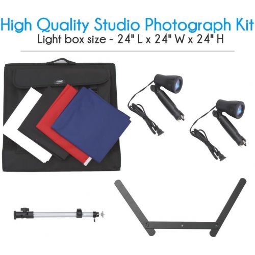  Pyle 24 x 24 inch Portable Tabletop Photography Studio Photo Lighting Kit - Set Includes Light Box / Tent, 2 Lamp Lights, Camera Stand & White, Black, Blue, Red Background Cloth Sh