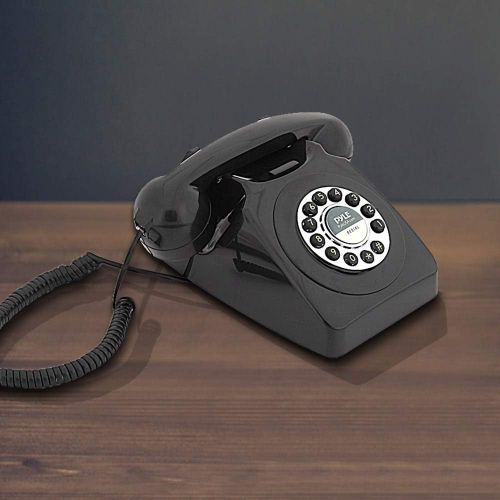  Retro Design Corded Landline Phone - Classic Vintage Old Fashioned Rotary Dial Style Desk Table Home Office Coiled Cord Handset w/Button Dialing, Standard Telephone Jack - Pyle