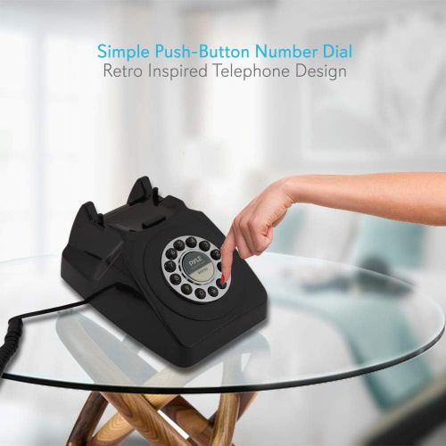  Retro Design Corded Landline Phone - Classic Vintage Old Fashioned Rotary Dial Style Desk Table Home Office Coiled Cord Handset w/Button Dialing, Standard Telephone Jack - Pyle