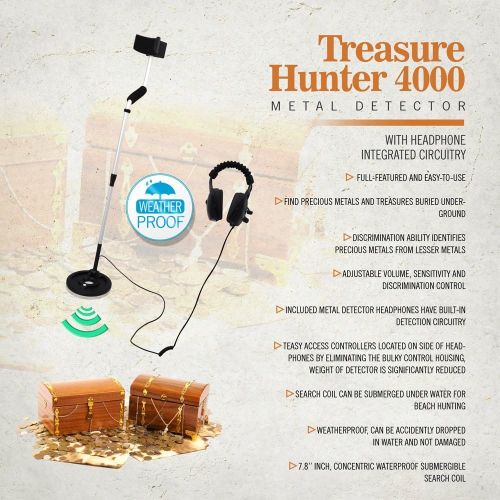  Pyle Weatherproof Metal Detector System - Professional Treasure Hunter 4000 Submersible Treasure Metal Finder w/ Waterproof Search Coil, Headphones, Easy Access Controller, Adjusta