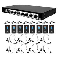Pyle 8 Channel Wireless Microphone System - Rack Mountable Set w/ 8 Clip Lavalier Lapel & 8 Headset Microphones, Receiver Base, Audio Mixed Balance Output - For Karaoke, PA, Public Even