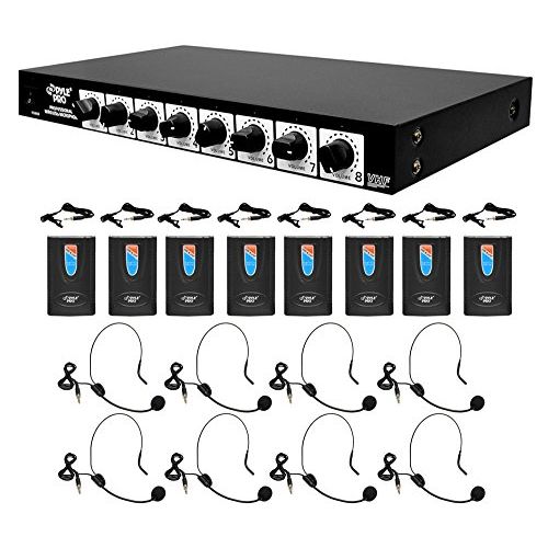  Pyle 8 Channel Wireless Microphone System - Rack Mountable Set w/ 8 Clip Lavalier Lapel & 8 Headset Microphones, Receiver Base, Audio Mixed Balance Output - For Karaoke, PA, Public Even