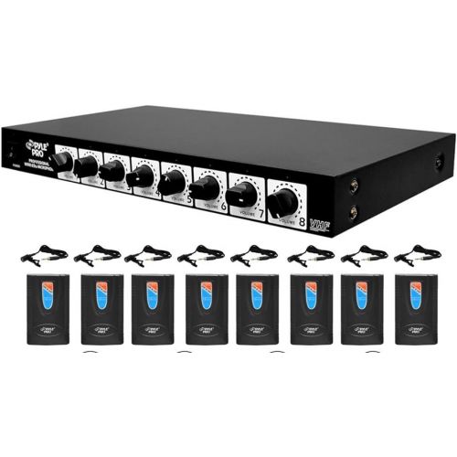  Pyle 8 Channel Wireless Microphone System - Rack Mountable Set w/ 8 Clip Lavalier Lapel & 8 Headset Microphones, Receiver Base, Audio Mixed Balance Output - For Karaoke, PA, Public Even