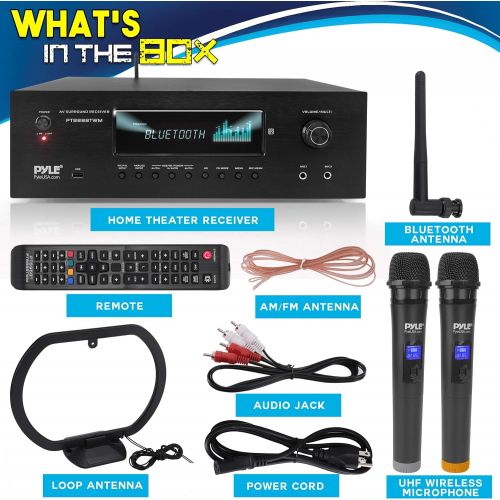  1000W Bluetooth Home Theater Karaoke Receiver - 5.2-Ch Stereo Amplifier 2 UHF Wireless Microphone Video Pass-Through Supports, MP3/USB/HDMI/AM/FM Radio - Pyle PT888BTWM , Black