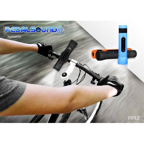  Pyle PLBSKBT55BL Pedal Sound 3-in-1 Waterproof Bluetooth Bicycle Speaker, with Built-in Mic for Call Answering, Power Bank & Flashlight (Blue)