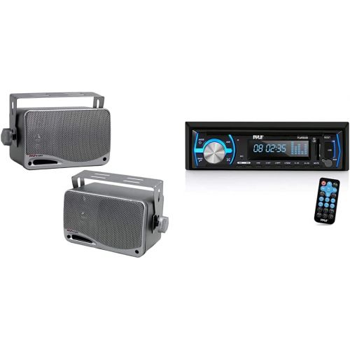  3-Way Waterproof Marine Box Speakers - 3.5 200 Watt Speaker System - Pyle PLMR24S(Silver) & Marine Bluetooth Stereo Radio - 12v Single DIN Style Boat in Dash Radio Receiver System