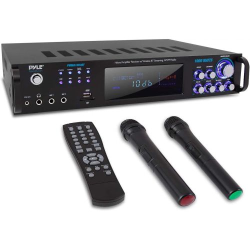  Pyle 4 Channel Bluetooth Power Amplifier - 1000W Home Audio Rack Mount Stereo Receiver w/AM FM Radio, USB, Headphone, Dual Wireless Mic w/Echo for Karaoke, LED, for Speaker Sound System